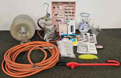 Mixed Tool and Phone Accessory Lot: Astro Pneumatic 2-quart pressure pot tank spray gun kit, heavy duty air pressure hose, 2 10in Pneumatic Caster Wheels, Wheel & Brake Pedal Car Lock Car Jack Security, 2 Screen Protectors, 5 Varied iPhone Cases, Floral A