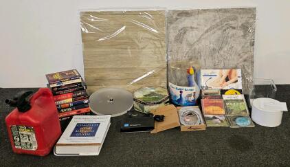 Misc Mixed Lot: Two 2'x2' Photo Backdrop Boards (New), Kids Soft Seal w/ Beach Ball Lamp, Shower Head Hose (New), Acrylic Platter Plate (New), RV Patch Tape (New), Gas Can, Stedi Pedi Pedicure Tray, Vintage U.S.S. Idaho Boat Tin, Open Front Bin, 11 Assort