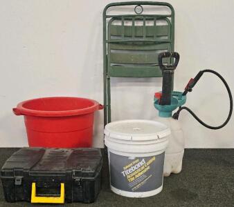 Mixed Lot: Folding Metal Chair, Toolbox, Tub, 4-Gal Titebond Adhesive Bucket, Pump Sprayer