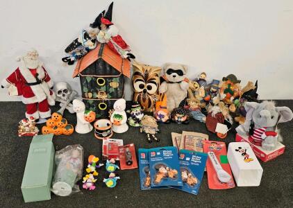 Disney and Halloween Collectibles Lot: Avon Fine Collectibles Childhood Dreams Porcelain Doll "Grand Slammers", 3 Unopened Mickey Rodeo Magnets, Mickey Ice Cream Scoop, Mickey Plastic Cup Dispenser, 4 Assorted Disney Figurines, 2 Vintage McDonalds 2000s D