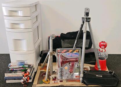 Pair Of Vintage Aluminum Tripods With Carry Bag, 55In & 28In Height, Pan-Tilt Heads, Shirt Folding Guide, Plastic Storage Organizer, M&M Candy Dispenser, And More