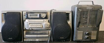 Aiwa CA-DW630U Boombox Stereo, CD Cassette Player, Dual Deck, Super T-Bass, AUX, 1998, S/N S11LV87G0023. Thermo Sphere Space Heater, (Both Tested And Works)