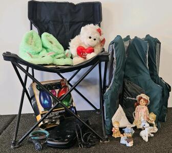 Stearns Adult Small/Medium Life Jackets, Type III USCG, Set Of 2, Zipper Pockets, Teal/Gray, Folding Chair, Multicolored Lights (Tested, Works), VCR Rewinder (Untested), And More