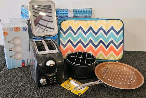 Sunbeam Toaster Tested, Works), GE LED Bulbs, Lighted Mirror, Pans, Storage Bags, Hardware