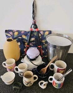 Mixed Household Lot: 6 Mugs, Heart Waffle Maker, Shears, Ice Bucket, Tote, Vase, and More
