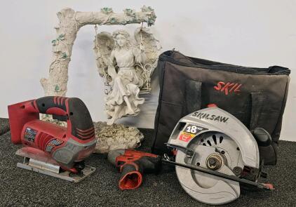 Skil 18V Cordless Circular Saw, 7-1/4", Skil Jigsaw, Milwaukee M12 Impact (Untested, All Need Batteries), Carry Bag, Angel Statue