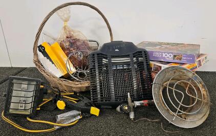Metal Propane Heater, Utility Work Light (Untested, Needs New Bulb), Bug Zapper (Tested, Works), Vintage Puzzle, MB Big Ben 1000 Pc, Kodacolor, Junior Puzzles, Farmhouse, Kittens, And More