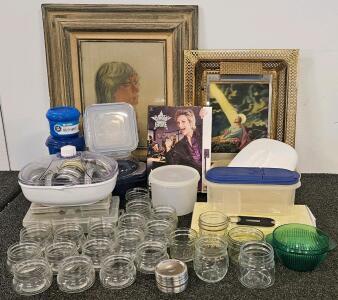 Household Items: 24 Glass Canning Jam Jars, Board Game, Art, Plastic Storage, And Tools