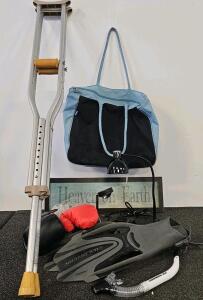 Crutches, Oniva Tote, Everlast Gloves, Desk & LED Lamps (Both Tested And Work), U.S. Divers Fins, Wall Sign, And More