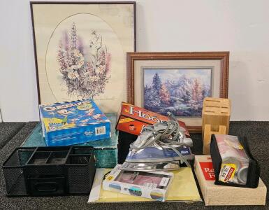 Mixed Lot: Board Games, Signed Art Prints 172/150, Shark Iron (tested, works), Organizers, OtterBox, Kits