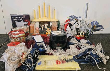 Large Lot Christmas Decorations, Perfect Cooker, Lights, Barnyard Carolers, Ribbon & Ornaments