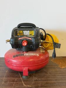 Central Pneumatic 3 Gallon 100 PSI Pancake Air Compressor, 120V, 0.6 CFM @ 90 PSI, Hose Included
