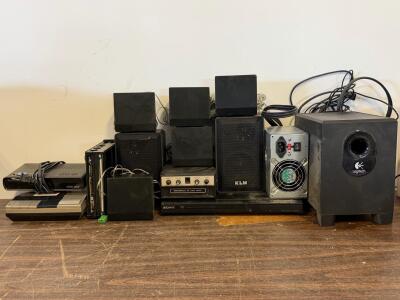Vintage And Modern Audio/Video Equipment (Sony DVP-SR200P, Digital Stream DTX9950, Logitech Speakers, Motorola Eight Track, KLH Speakers)