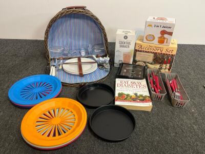 Complete 2-Person Picnic Basket Set w/ Accessories, Juicer, Bakeware, Cocktail Shaker, Flatware & Book