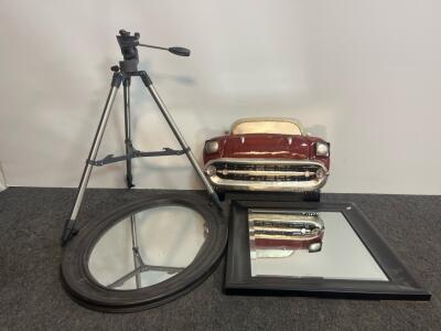 Tripod, Two Framed Mirrors, and Metal Car Wall Art