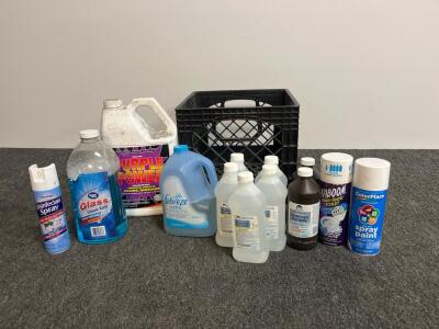 Lot of 13 Household Cleaning Chemicals & Supplies w/ Storage Crate &ndash; Multi-Brand & Product Types