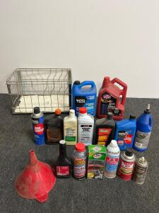 Bulk Lot: Automotive Fluids, Additives & Maintenance Chemicals with Storage Basket and Funnel