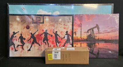 Framed Canvas Wall Art Prints (24"x36" & 30"x60") and LED Floor Lamp with Remote