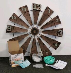 Windmill Style Metal Wall Clock 36" Rustic Decor & MyMini 7-Egg Electric Cooker, Mint, Boxed
