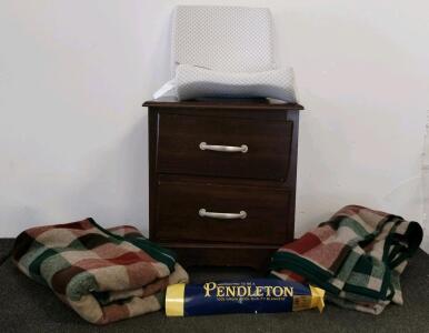 Pendleton Buffalo Check Blanket Queen 86"x90" Wool USA, Plaid Z156-801, Original Tag, small nightstand, and back pillows