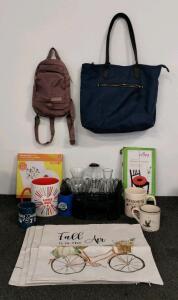 Adidas bag, Donut cushion, fall supplies, kitchenware, and metal wire organizers.
