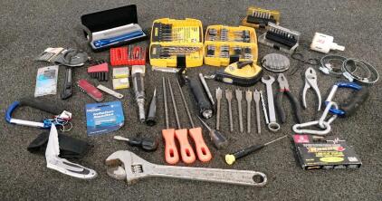 Large Mixed Hand Tool Lot: DeWalt, Husky, Irwin, Drill Bit Kits, Pliers, Wrenches, Accessories