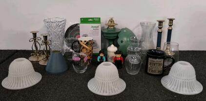 Glassware & Decor: Plastic Crystal Vase, Roomba Bags, Candlesticks, Mugs, Oil Lamp