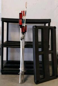 3-Shelf Black Plastic Utility Storage Rack 36"x18", 7x 48" Red Reflective Driveway Markers