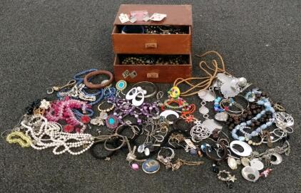 Vintage Swan 1961 Two-Drawer Wooden Chest With Assorted Costume Jewelry, 50+ Pieces