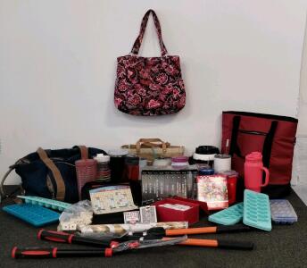 Mixed Household Lot: Insulated Drinkware, Cooler Bags, Travel Games, Pruning Tools, Board Games