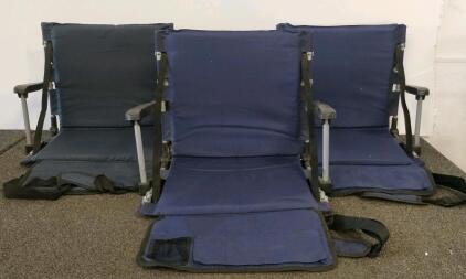 Folding Stadium Seat With Armrests, Navy Blue, Adjustable Recline, Pockets, Carry Strap, Set Of Three