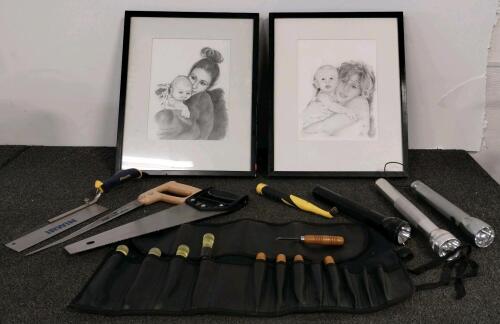 Large Mixed Tool Lot: Maglite Flashlights, Framed Pencil Sketches, Stanley/Irwin Saws, Chisel Set