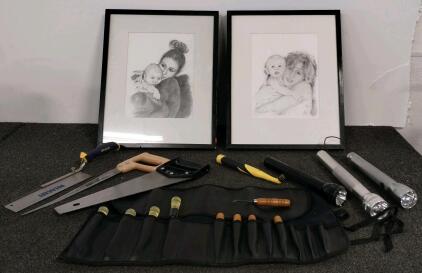 Large Mixed Tool Lot: Maglite Flashlights, Framed Pencil Sketches, Stanley/Irwin Saws, Chisel Set