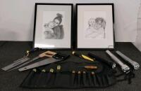 Large Mixed Tool Lot: Maglite Flashlights, Framed Pencil Sketches, Stanley/Irwin Saws, Chisel Set