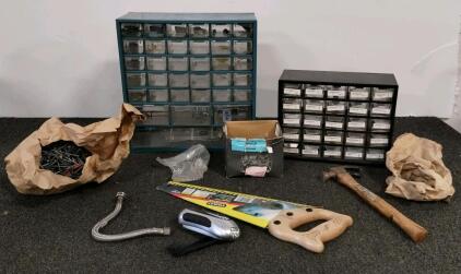 Stanley 15" Finish Cut Saw, 39-Drawer Organizer, Assorted Hand Tools & Hardware
