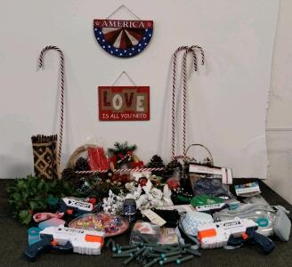 Bulk Lot: Zuru X-Shot Blasters, Darts, new Purses, Bead Kit, Seasonal Decor, Florals, Signs
