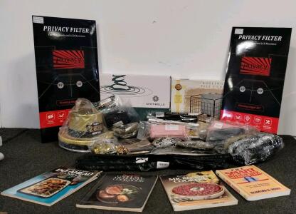 Mixed Lot: Privacy Filter Screens, Canvas Art Prints, Face Masks, File Cube Organizer, Party Supplies, Books