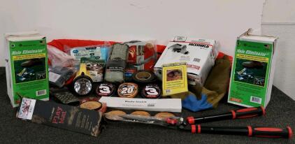 Mixed Lot: Wire-Tek Mole Traps, Honeywell Faceshield, Collectible Racing Tins, and More