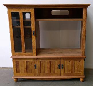 Large Wood Entertainment Center Armoire, Glass Door, Shelves, Cord Cutouts,