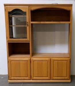 Oak Entertainment Center Glass Display, Cabinet Storage, Integrated Lighting, TV Compartment. Fits 46" TV