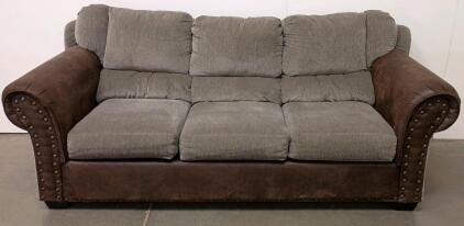 Three-Seat Sofa, Gray Fabric & Brown Faux Leather, Rolled Arms, Nailhead Trim,