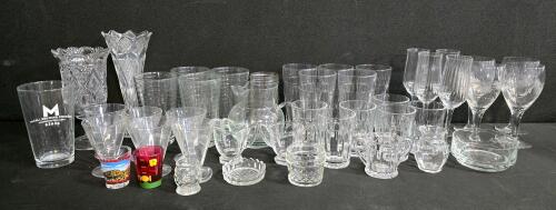 Large Mixed Glassware Set- Stemware, Vases, Pitcher, Etched & Pressed Patterns