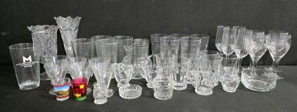 Large Mixed Glassware Set- Stemware, Vases, Pitcher, Etched & Pressed Patterns