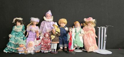 Assorted Collection of 12 Porcelain, Ceramic, and Vinyl Dolls, 6" to 18" Tall