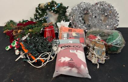 Large Lot Holiday Decorations &ndash; 4 Wreaths, Christmas Lights, COOWOO Tree Skirt, Textiles, Village House (location H)