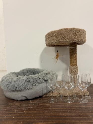 6 Wine Glasses, Gray Fluffy Pet Bed, and Cat Tree With Scratching Post & Feather Toy, Bundle Lot