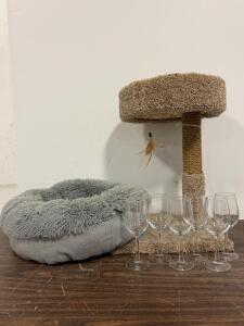 6 Wine Glasses, Gray Fluffy Pet Bed, and Cat Tree With Scratching Post & Feather Toy, Bundle Lot