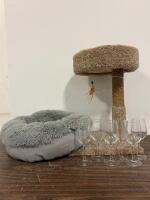 6 Wine Glasses, Gray Fluffy Pet Bed, and Cat Tree With Scratching Post & Feather Toy, Bundle Lot