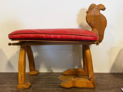 Hand-Carved Horse Head Vanity Stool, Red Vinyl Seat, Hoof Feet, Mid-Century Folk Style Bench