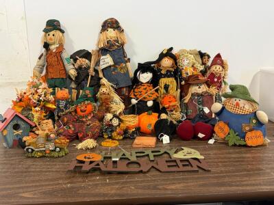 Large Lot 20+ Fall & Halloween Decor - Scarecrows, Plush Figures, Signs, Pumpkins, Mixed Media